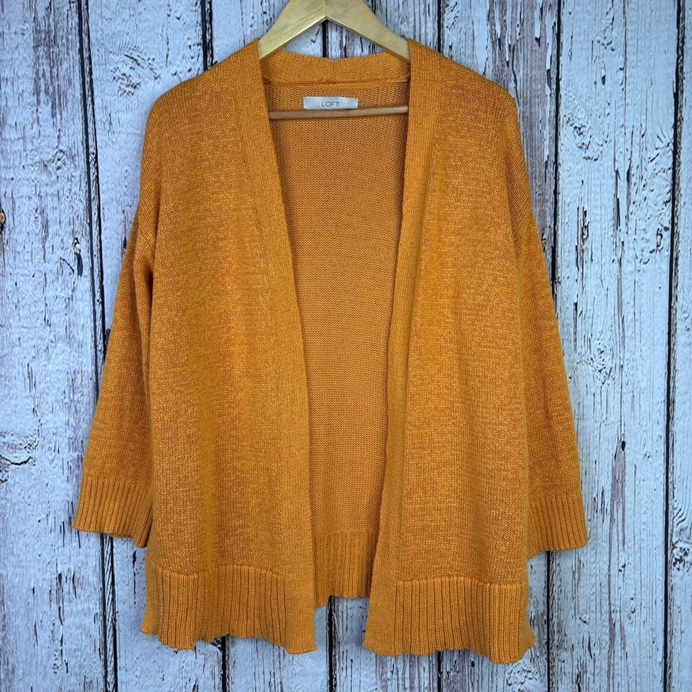 LOFT Open Front Cardigan Sweater Size Small Golden Yellow Cotton Blend Layering‎